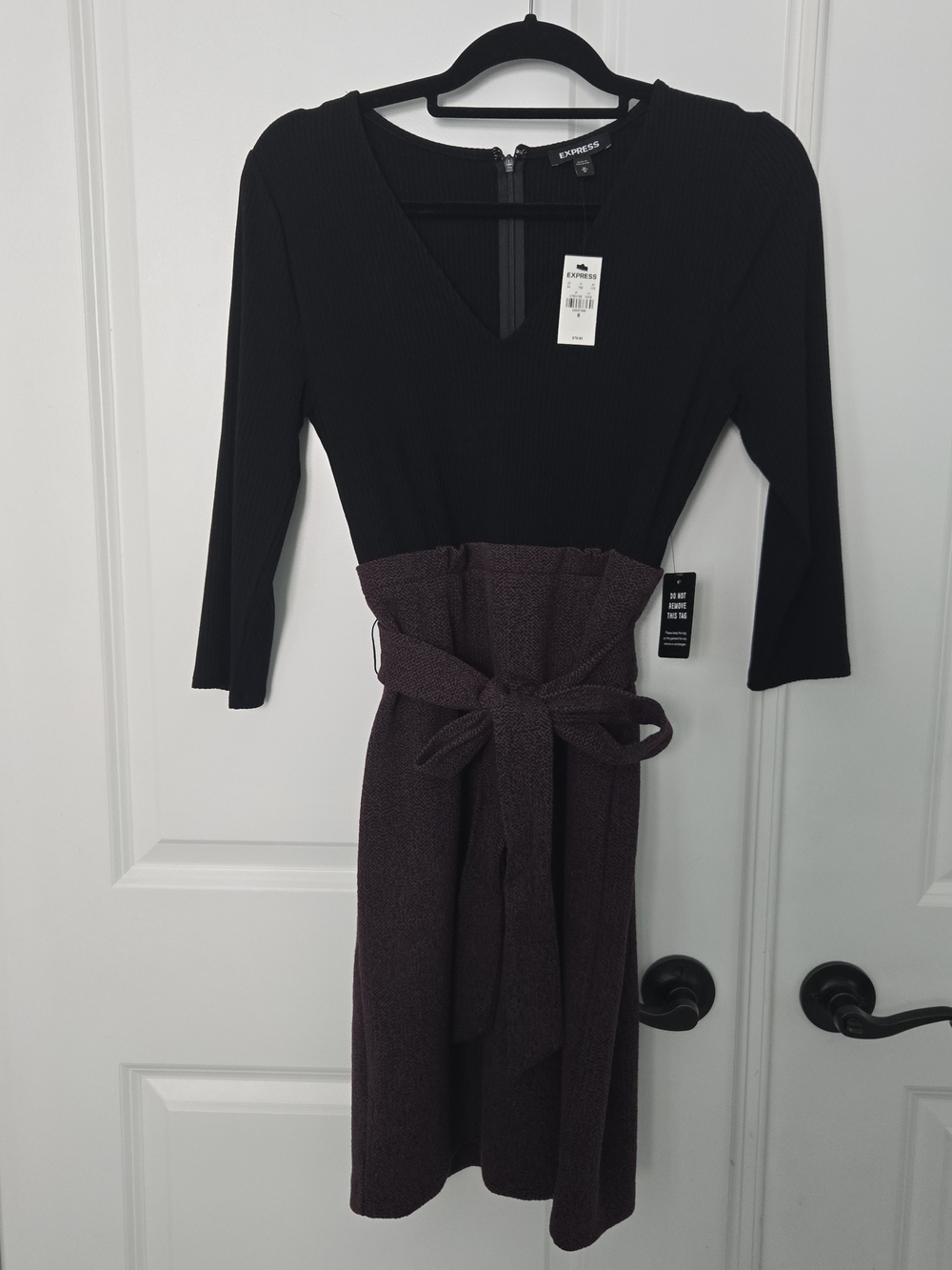Express Black & Plum Midi Dress with Paperbag Waist